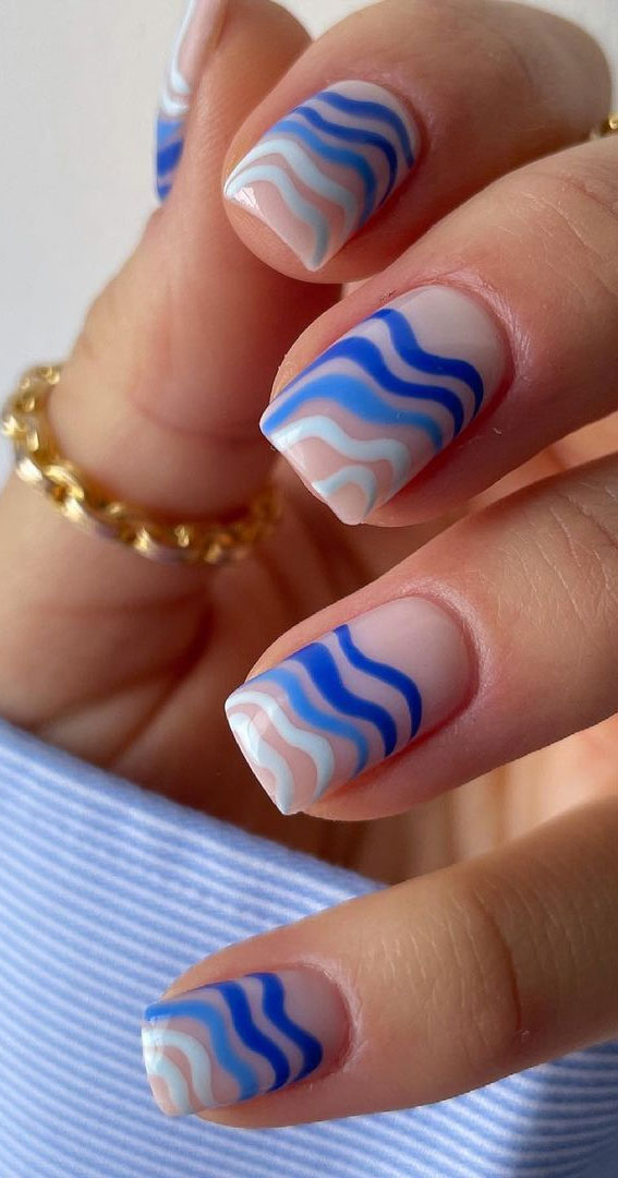 blue swirl nails, summer nails, gradient blue swirl line nails, summer nail art designs