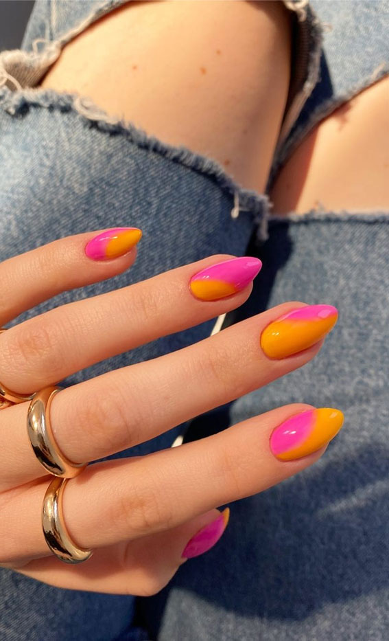 ombre pink and orange nails, summer nails, summer color nail ideas, summer nail polish colors 2021, summer nails 2021, summer nails 2021, best nail color for beach vacation 2021, trending nail colors 2021, nail colours summer 2021, summer nail colors 2021, summer nail ideas