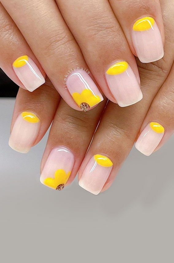yellow half moon nails, flower nails, bright summer nails, summer nail polish colors 2021, summer nails 2021, summer nails 2021, best nail color for beach vacation 2021, trending nail colors 2021, nail colours summer 2021, summer nail colors 2021, summer nail ideas