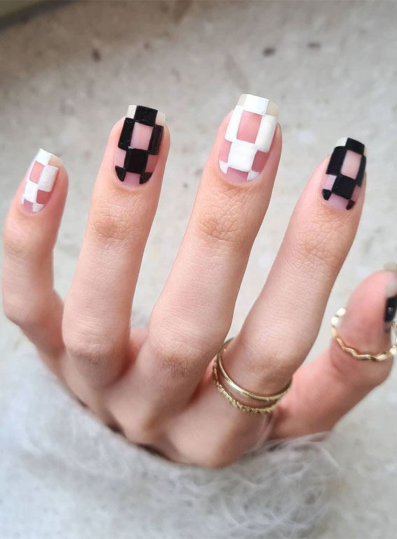 checkerboard nails, checkerboard nude nails, black and nude checkerboard nails