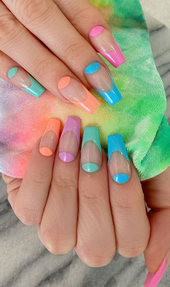 colorful nails, half moon nails, summer nail polish colors 2021, summer nails 2021, summer nails 2021, best nail color for beach vacation 2021, trending nail colors 2021, nail colours summer 2021, summer nail colors 2021, summer nail ideas