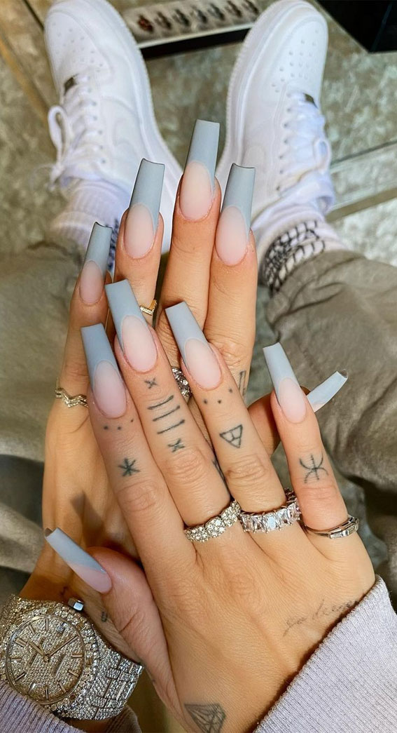 long coffin nails, grey french tips, long nails acrylic, acrylic nails, french nail tips