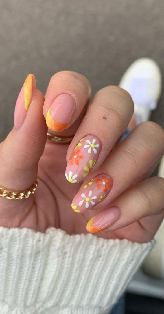 ombre french tips, cute nail art design, daisy nails, spring nails, summer nails, flower nails