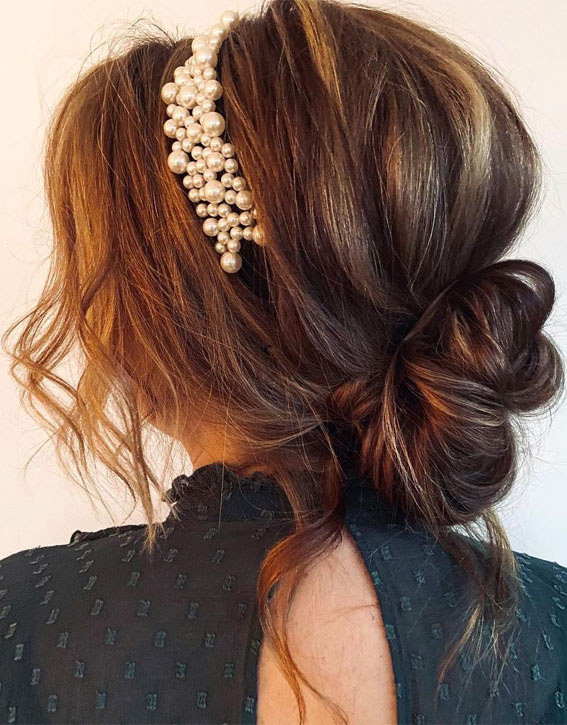 70 Latest Updo Hairstyles for Your Trendy Looks in 2021 : Messy Low Bun With Pearl Head Band