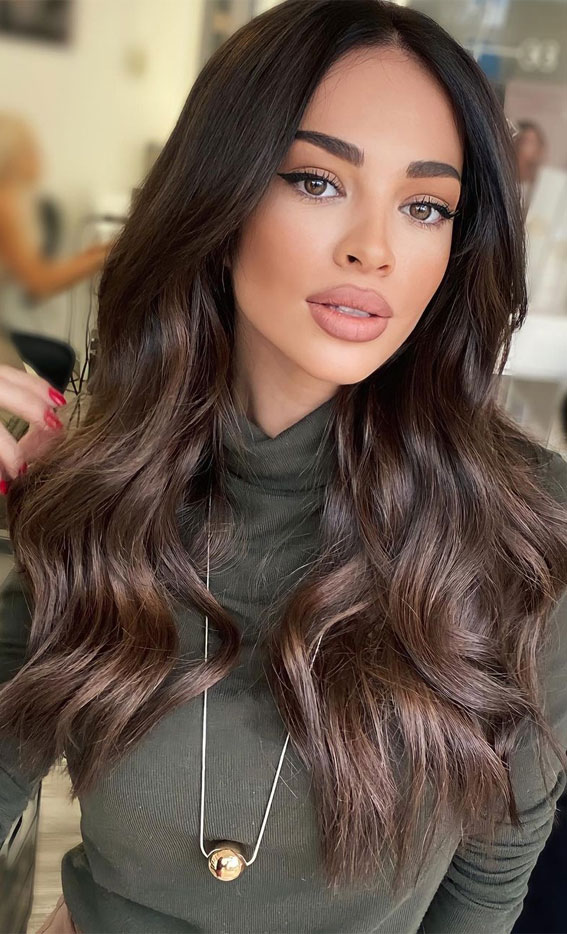 dark brown on dark hair color, hair color ideas, blonde hair, bronde hair color , brown hair, brunette hair, brown hair with highlights #brownhair #haircolorideas brunette hair with highlights, light brown hair with highlights, straight brown hair with blonde highlights