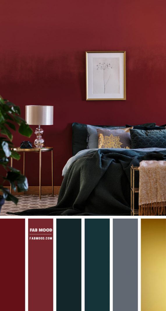 Burgundy and Dark Teal Bedroom with Gold Details