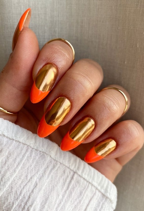 40 Beautiful Nail Design Ideas To Wear In Fall : Burnt orange and gold foil  | Orange acrylic nails, Acrylic nail designs glitter, Gold acrylic nails