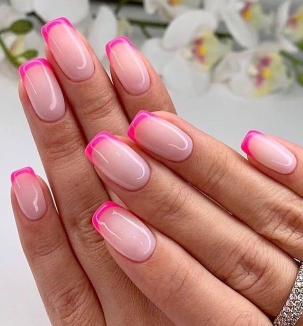 25 Cute Coloured French Tip Nail Ideas : Gel Pink Tip Nails