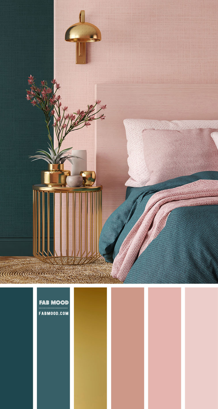 Peach and Teal Bedroom with Gold Accessories