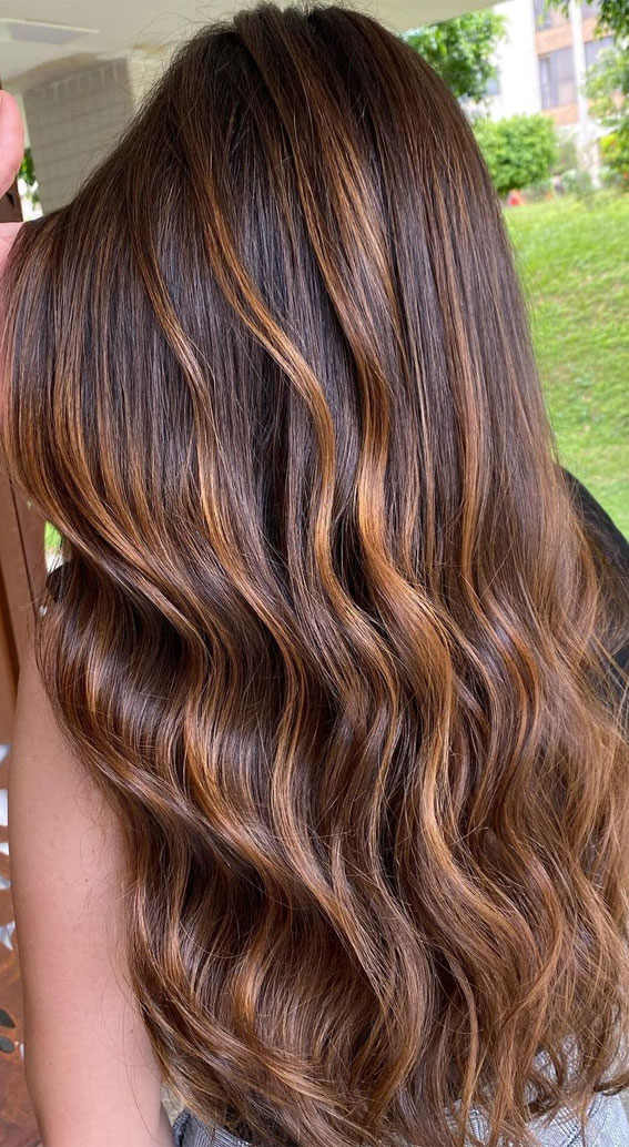 63 Charming hair colour ideas & hairstyles : Long Dark Hair with Copper Brown  Highlights