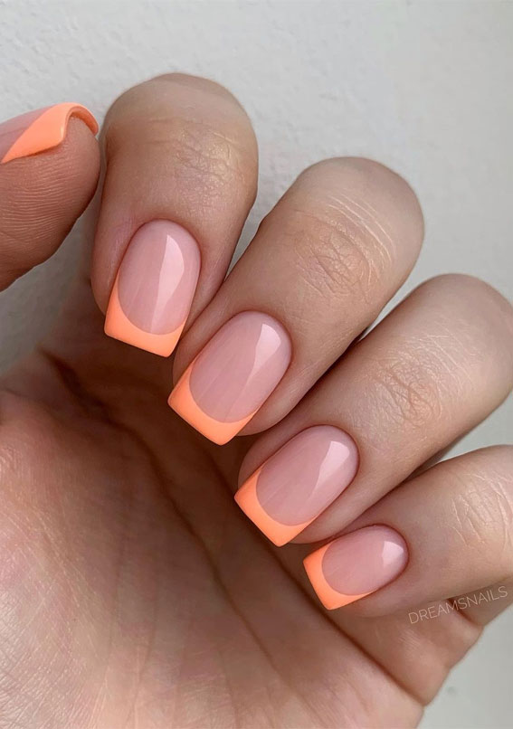 orange nails, coloured tips nails, colored french tip acrylic nails, colored french tips acrylic, french manicure with color line different color french tip nails, french manicure 2021, french tips nails, french nail designs 2021, pink french tips