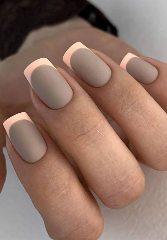 light peach grey nails, coloured tips nails, colored french tip acrylic nails, colored french tips acrylic, french manicure with color line different color french tip nails, french manicure 2021, french tips nails, french nail designs 2021, pink french tips