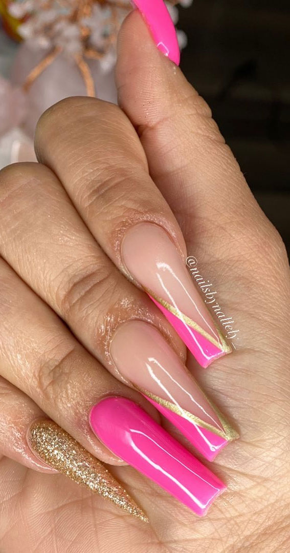 25 Cute Coloured French Tip Nail Ideas : Glitter gold and pink nails
