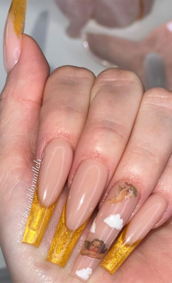 Premium Photo | Fashionable manicure with a matte golden color of nail  polish and brown on a long nail shape.