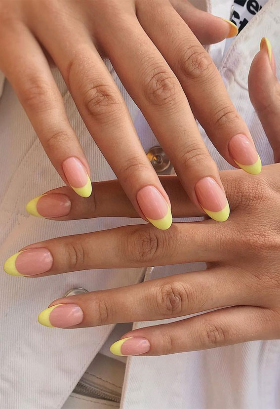 pastel yellow french tips, pastel yellow nails, coloured tips nails, colored french tip acrylic nails, colored french tips acrylic, french manicure with color line different color french tip nails, french manicure 2021, french tips nails, french nail designs 2021, yellow french tips