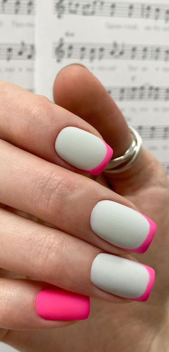 bright pink french tips, coloured tips nails, colored french tip acrylic nails, colored french tips acrylic, french manicure with color line different color french tip nails, french manicure 2021, french tips nails, french nail designs 2021, pink french tips