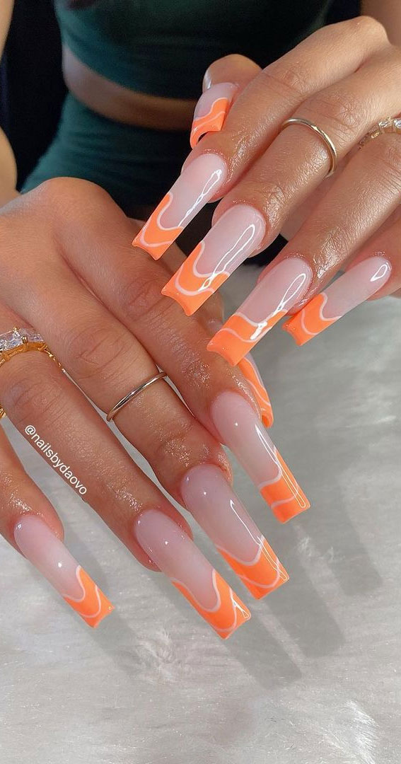 orange wave nails, coloured tips nails, colored french tip acrylic nails, colored french tips acrylic, french manicure with color line different color french tip nails, french manicure 2021, french tips nails, french nail designs 2021, pink french tips