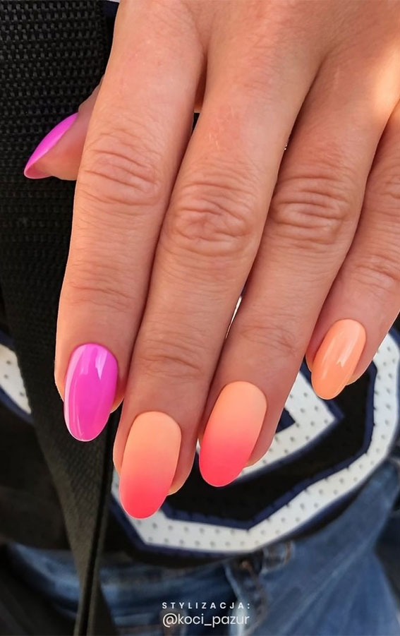 bright pink and ombre orange nails, summer nail art designs, colorful nail colors, bright nail colors, summer nail art designs 2021, ombre nail colors, nail art designs 2021 #nailart #nailart2021