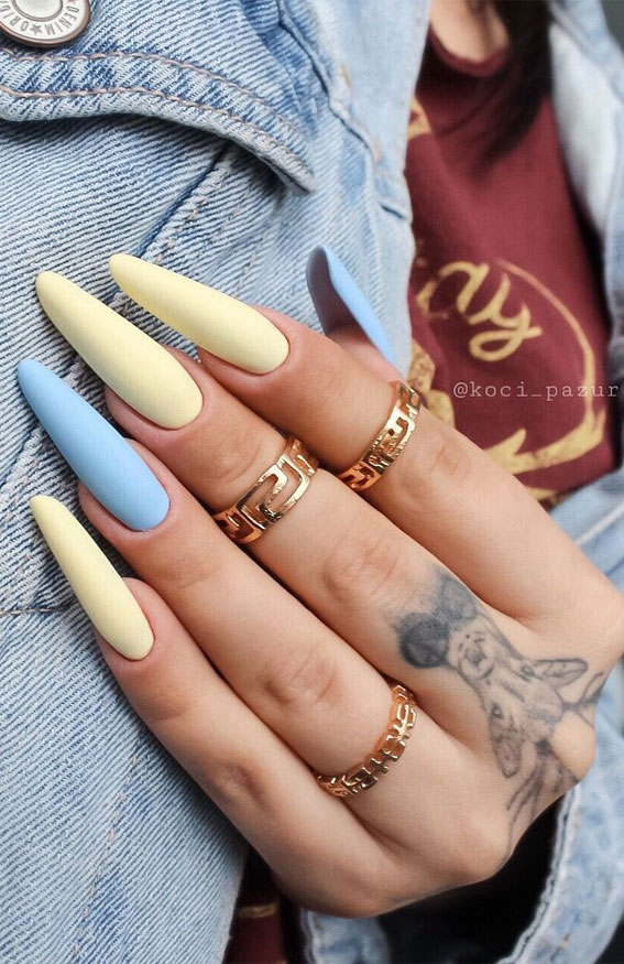 blue and yellow summer nail art designs, colorful nail colors, bright nail colors, summer nail art designs 2021, ombre nail colors, nail art designs 2021 #nailart #nailart2021