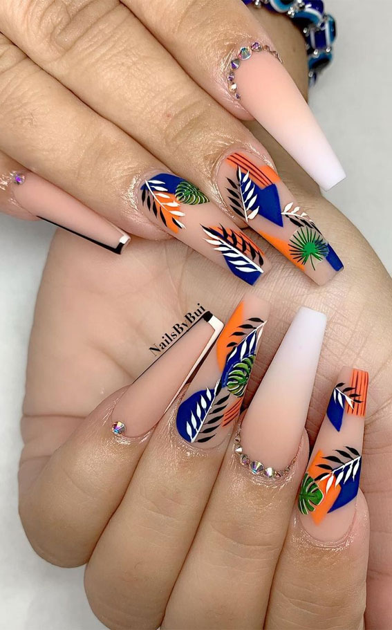 Gorgeous Nail Designs To Celebrate The Season Leaf Blue Orange Coffin Nails