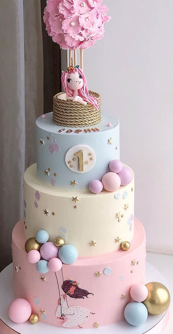Cute Unicorn Cake Designs : Three-tiered blue and pink cake