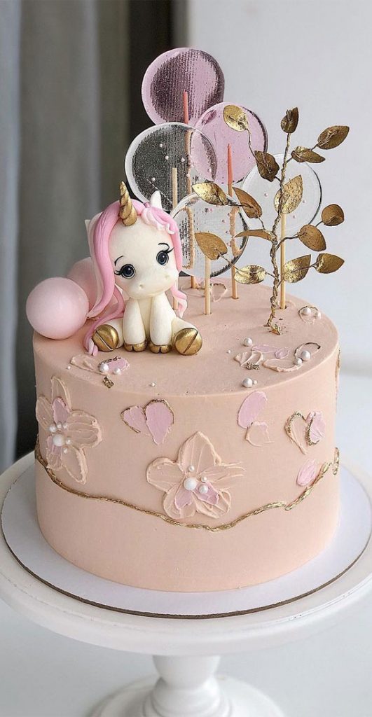 Cute Unicorn Cake Designs : Pink Cake with gold tree, sphere & unicorn