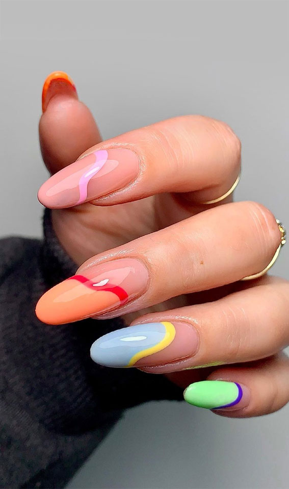 90s style acrylic nails, 90s nails style, 90s nail ideas, wave nails, 90s nail trends, oval shaped nails, 90s nail designs, 90s colored tip nails 