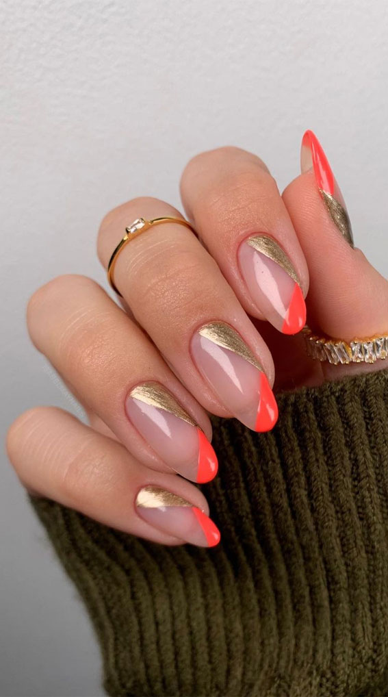 asymmetric nails, gold and orange asymmetric nails, asymmetric tip nails, asymmetrical nail designs, asymmetrical french nails, colored french tip nails 2021