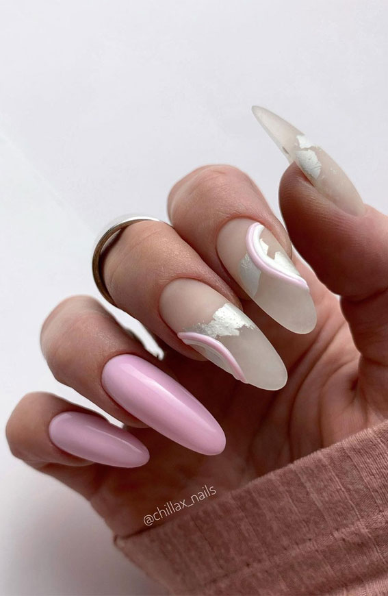 almond shaped nails, mix and match pink nails, cute summer nail art designs, translucent nails, mismatched translucent and pink nails 