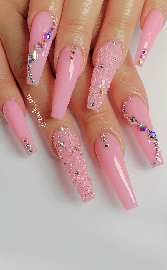 45+ Cute Summer Nails 2021 : Glossy Baby Pink Acrylic Coffin Nails