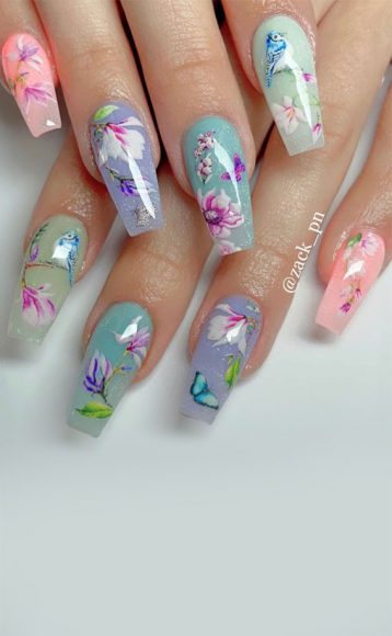 45+ Cute Summer Nails 2021 : Cute Flower Coffin Nails