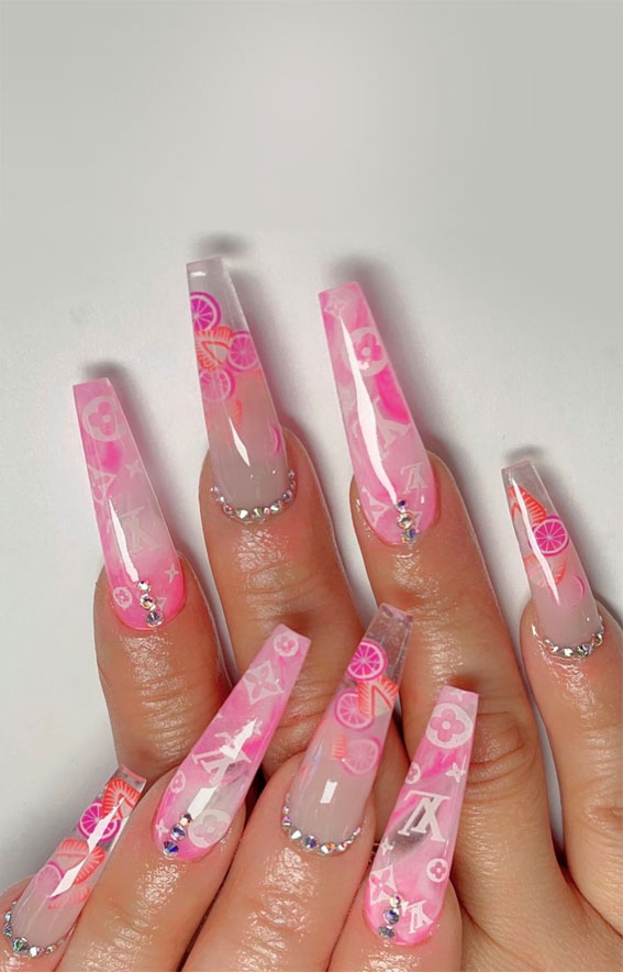 45+ Cute Summer Nails 2021 : Pink Fruity & LV Nails
