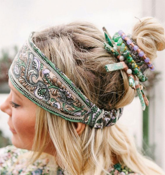 39 Trendy ways to wear a head scarf : The Hippie Head Scarf & Scrunchie Bun