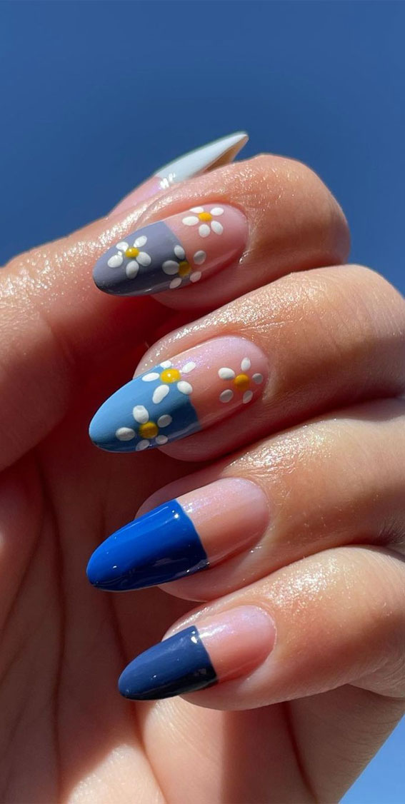 blue french tips, modern french nails, flower nails, cute summer nails, daisy neutral nails, simple summer nails, hand painted floral nails, nail art designs for summer #summernails #nailart2021