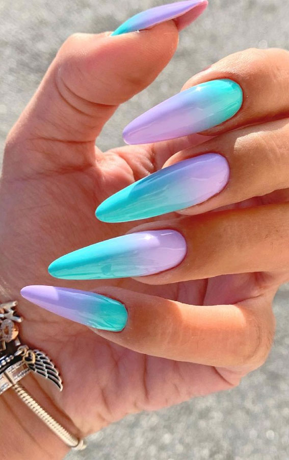 ombre lilac and turquoise nails, ombre nails, ombre summer nails, colorful nail art designs, colorful summer nails, bright summer nails #summernails #summer #nailart