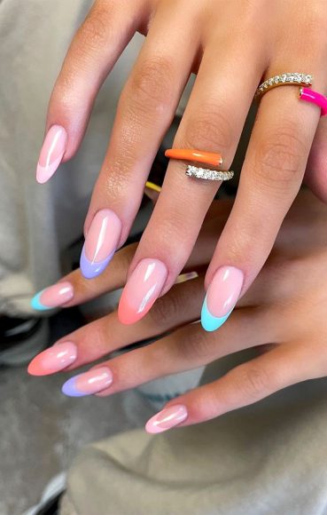Summer nail art ideas to rock in 2021 : Pastel French Tip Almond-Shaped