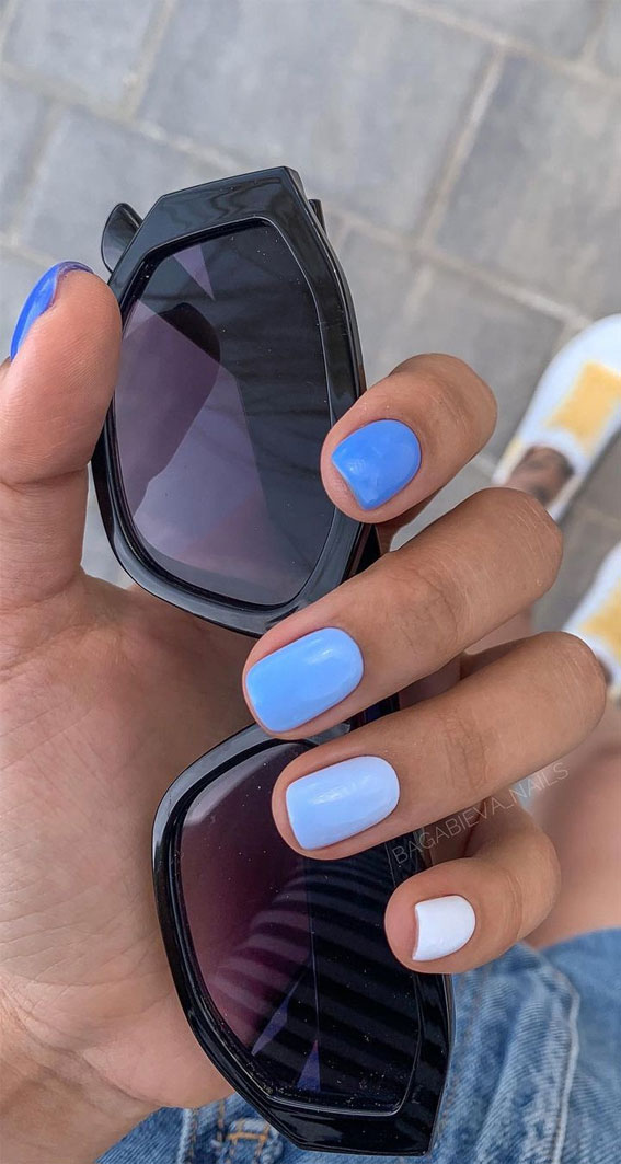 ombre blue nails, different color nails, shades of blue nails, short nail colors, summer nail colors , short simple nail designs, summer nail designs, simple nail designs