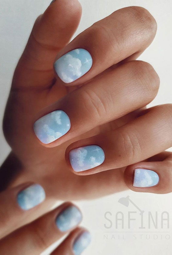 cloud nails, blue sky nails, summer nails, minimalist nails, cloud nail designs #summernails summer nail trends