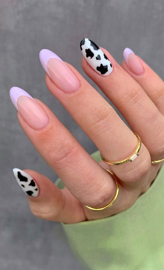 mismatched cow print and french tip nails, french tip nails, cow print nail art designs, mix and match cow print and french nails