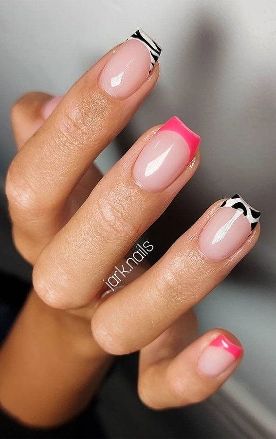 animal print french tip nails, mismatched animal print and pink tips, bright pink and animal print nails, different design nails on each finger, colorful tip nails , colorful french tips, colorful french nails, different color french tip nails, summer nails 2021