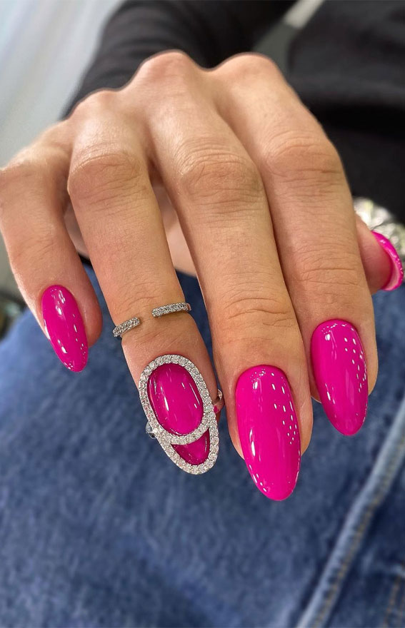 dark pink nails, magenta nails, almond shaped nails, jewel nails, elegant nail art designs, glam nails, summer nail colors, pink nail art designs, glam pink nails