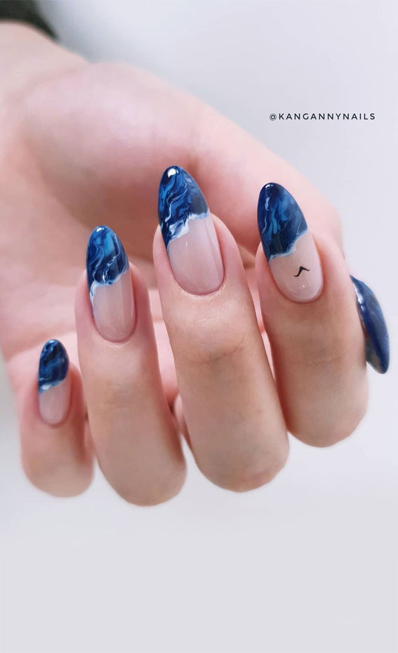 blue ocean wave nails, marble blue nails, blue marble nails, wave nails, beach nails. summer nails, beach vibe nails, blue marble nude nails, summer nail art designs