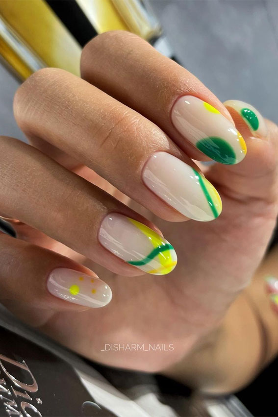45+ Cute Summer Nails 2021 : Green and Yellow Fun Summer Nails Art designs