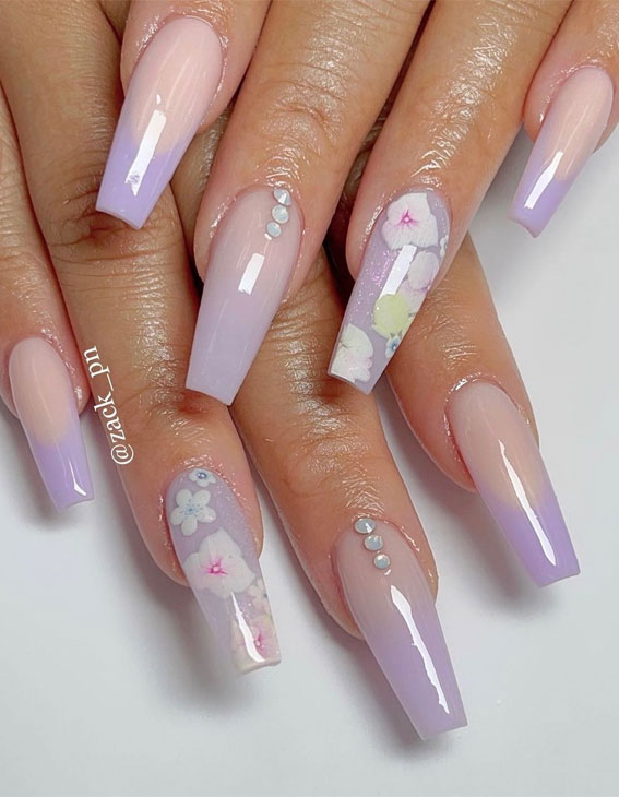 coffin nails, lilac nail art designs, flower nails, lilac french tip nails, lilac french nails,