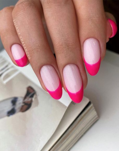 45+ Cute Summer Nails 2021 : Bright Pink Tip Nails