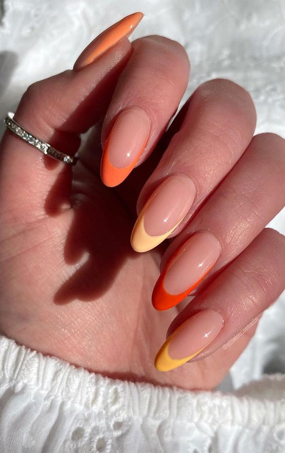 french nails, french tips, orange french tips, shades of orange tips nails, summer nail art designs, summer nail designs 2021, bright summer nails