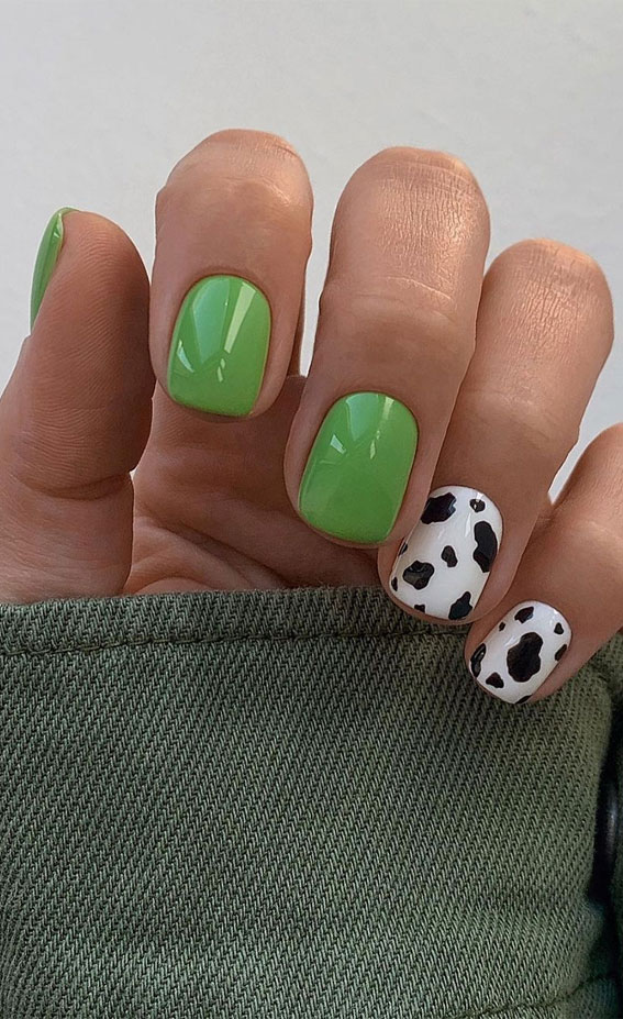 green short nails, cow print and green nails, cow print nail art designs, green short nails, summer nail art designs, cow print and green short nails, short nail art designs