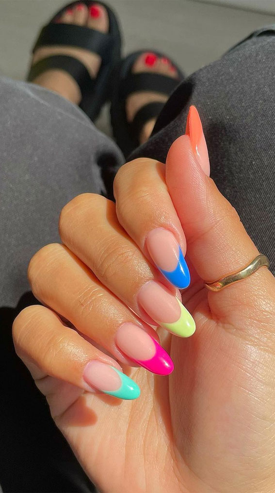 ombre colorful tip nails, different color nails on each finger, colorful tip nails , colorful french tips, colorful french nails, different color french tip nails, summer nails 2021