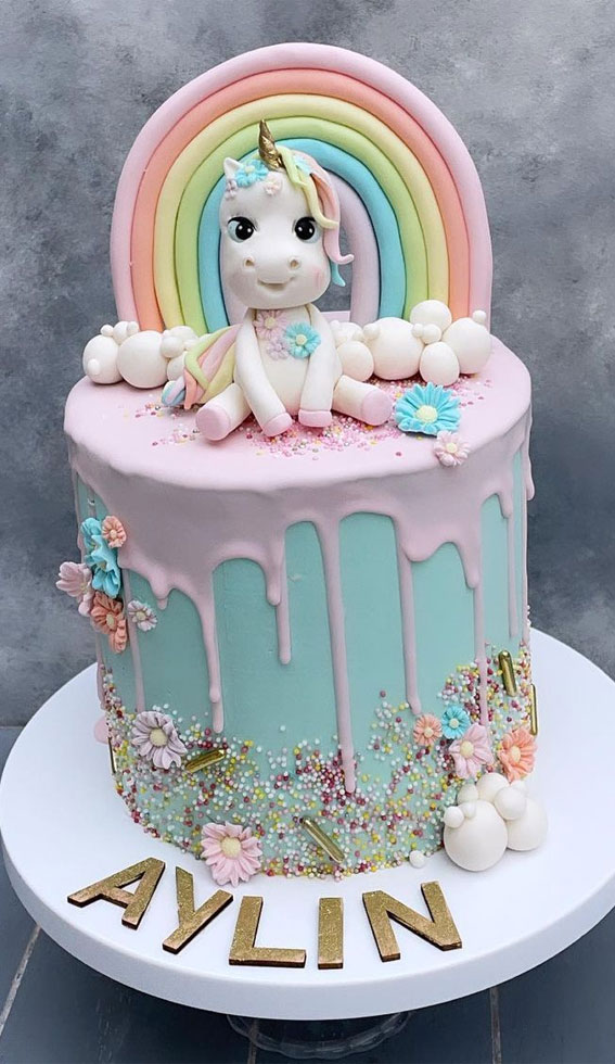 Cute Unicorn Cake Designs : Mint Cake with Pink Icing Drip, Unicorn & Rainbow 