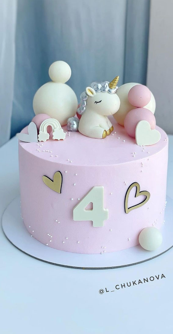 Cute Unicorn Cake Designs : Pink Cake with Heart, Unicorn, Spheres & Rainbow